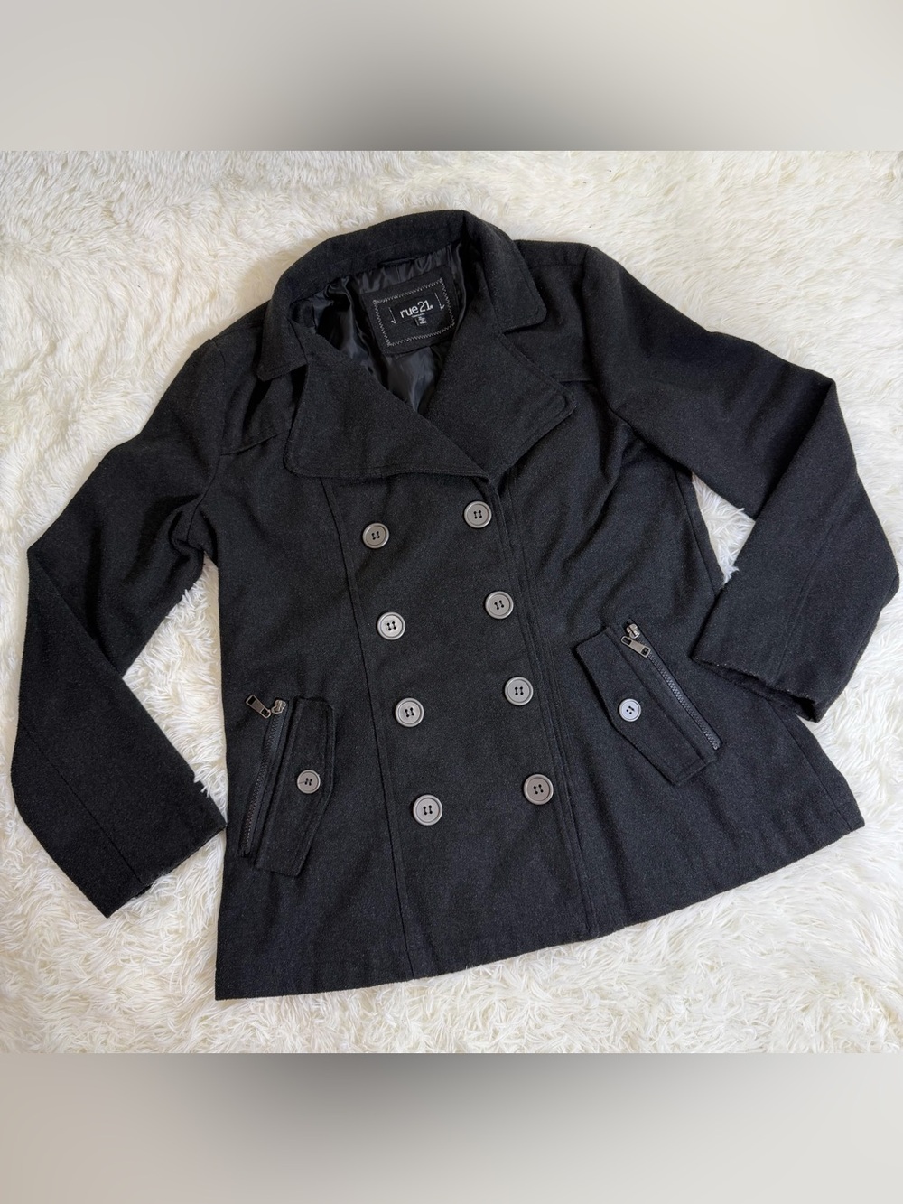 Rue21 Black Double-Breasted Pea Coat with Zip Pockets
